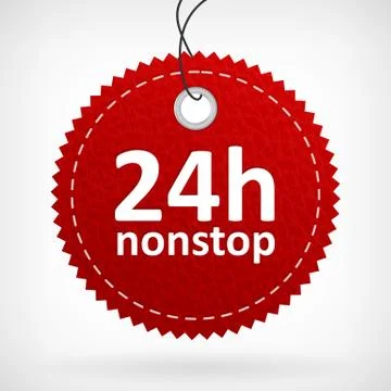 Red leather 24h nonstop vector label. isolated from background. layered. Ilustração Stock