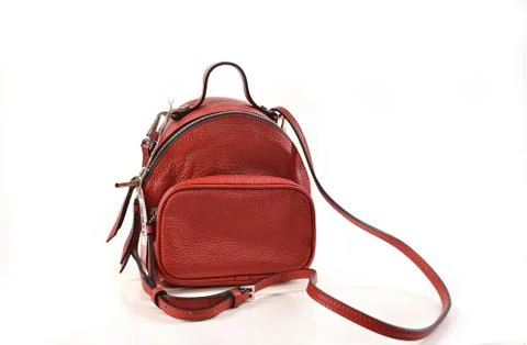 Red leather backpack isolated on white Foto stock