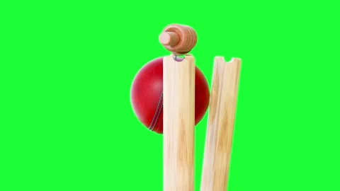 Red Leather Cricket Ball Animation Hitting Stumps 4K Green Screen Stock Footage 335560148
