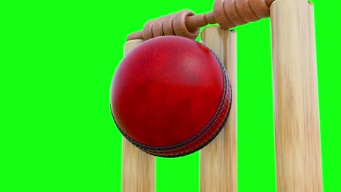 Red Leather Cricket Ball Animation Hitting Stumps 4K Green Screen Stock Footage 336350887