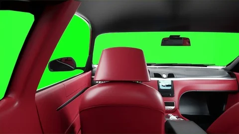 Red leather interior of luxury black sport car. Green screen footage. Stockbeeldmateriaal 73118137