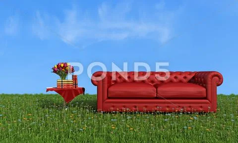 Red leather luxury sofa on grass Stock Illustration