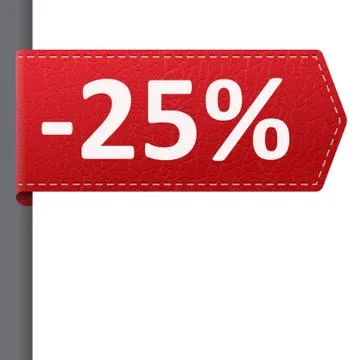 Red leather price vector bookmark 25% sale off. isolated from background. lay Ilustração Stock