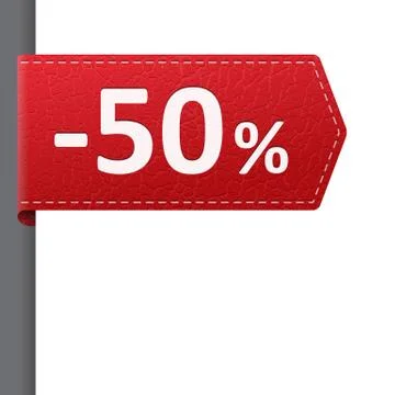 Red leather price vector bookmark 50 percent sale off. isolated from backgrou Illustration