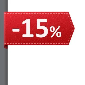 Red leather price vector bookmark 15 percent sale off. isolated from backgrou Illustrazione stock