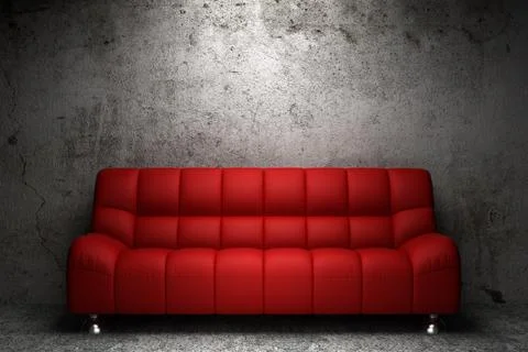 Red leather sofa in front of grunge concrete wall Stock Illustration