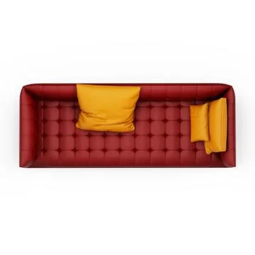 Red leather sofa with orange pillows on a white background top view 3d render Ilustração Stock