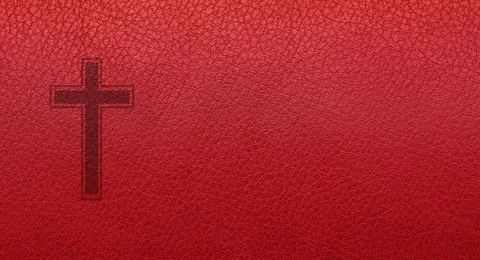 Red leather texture. background of leather, with Christian symbols. Skin text Stock Photos