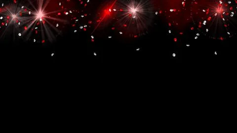 Red lens flare lights with falling diamonds overlay isolated on black backg.. Stock Illustration