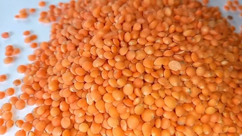 Red lentil seeds falling on white background top view Stock Footage 277200355