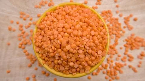 Red Lentils Masoor Dal Split and Dehusked in a Bowl Close-Up Top View Flat Lay Stock Photos