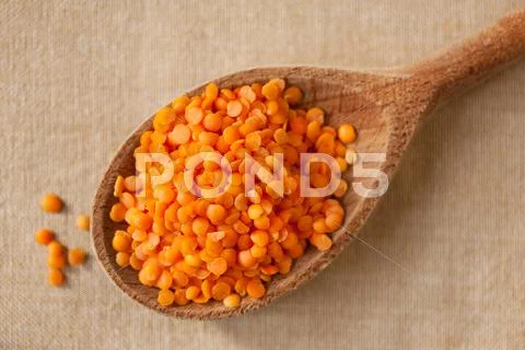 Red Lentils Pile On Wooden Spoon