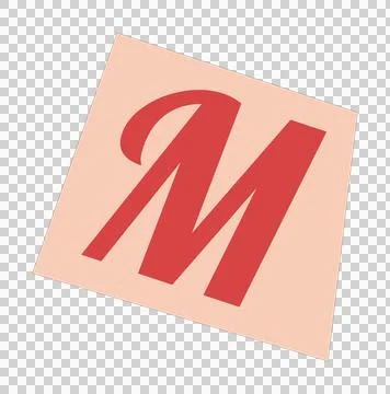Red letter M is appearing on tilted peach square tile in flat design with Stock Illustration