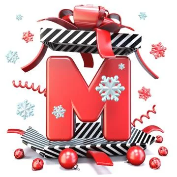 Red Letter M inside open gift box 3D Stock Illustration