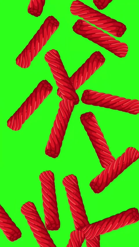 Red Licorice Candy Falling Against a Green Screen Background Stock Footage 344931856