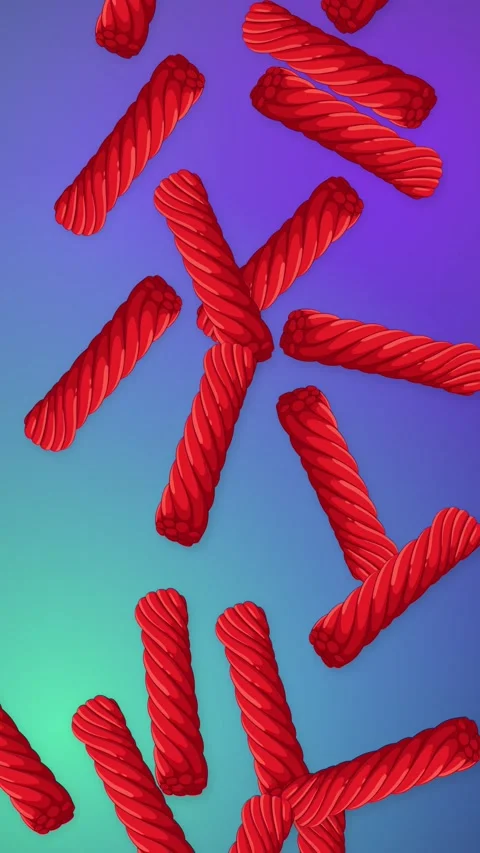 Red Licorice Candy Falling Over Vibrant Purple and Teal Gradient Background Stock Footage 345314472