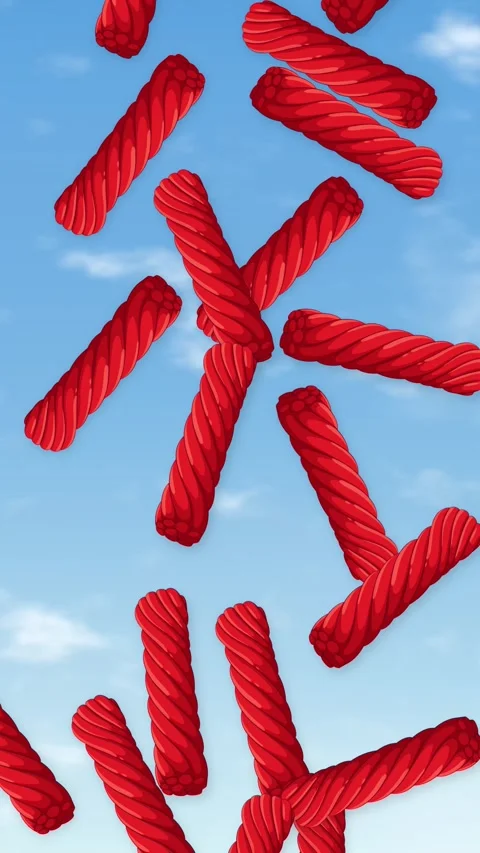 Red Licorice Candy Falling Through Blue Sky with Clouds Stockbeeldmateriaal 345037803
