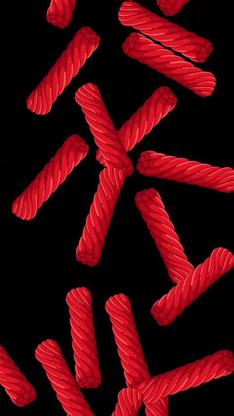 Red Licorice Twists Falling Against a Solid Black Background Stockbeeldmateriaal 345125166