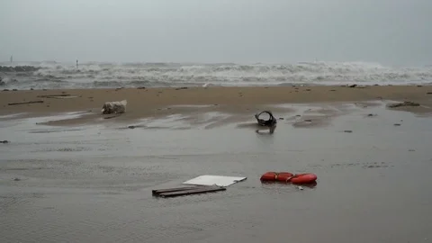 Red life jacket by the sea during a severe storm. Stock Footage 123547238