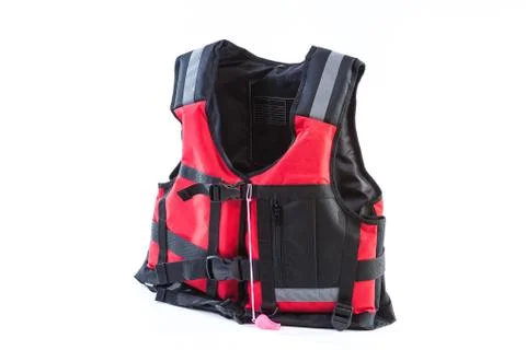 Red life jacket on white background, vest undone, isolated Stock Photos