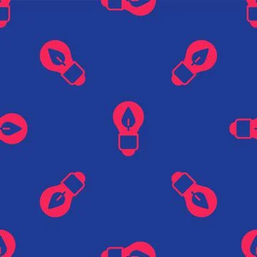 Red Light bulb with leaf icon isolated seamless pattern on blue background. Eco Stock Illustration