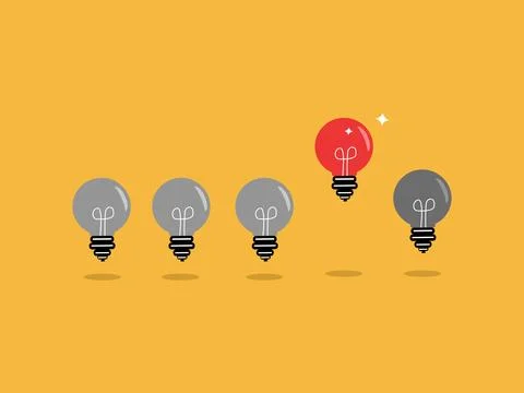 Red light bulb standing out amidst unlit incandescent bulbs. Stock Illustration