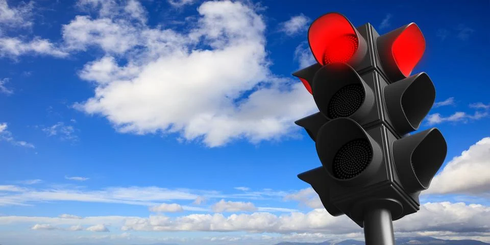 Red light concept. Traffic light, red stop signal, on blue sky background, co Stock Illustration