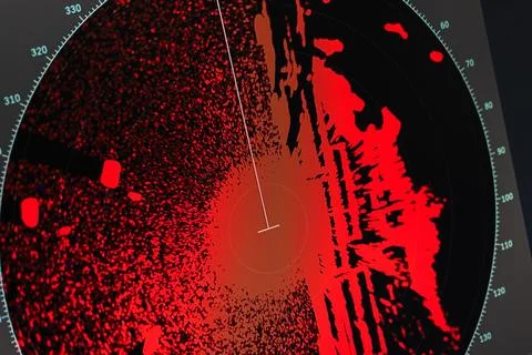 Red light patterns on a digital radar screen display on a dark background Stockfoto's