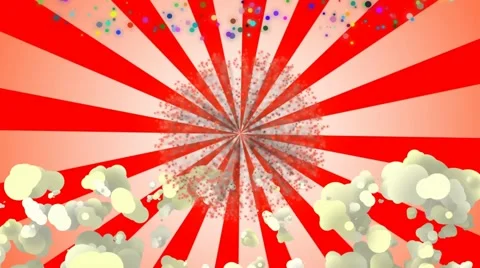 RED LIGHT RAYS TURNING WITH POPCORN, CONFETTI &amp; FIREWORKS Stock Footage 54271070