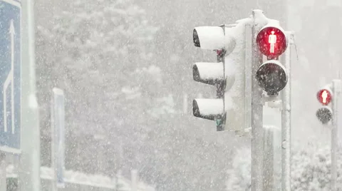 Red Light Shining During Blizzard Stock Footage 60626968