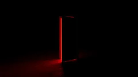Red light shining from slightly open door in dark room Illustrazione stock