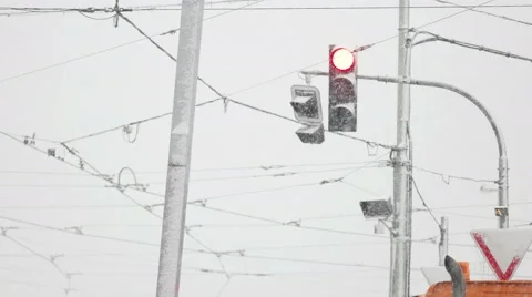Red Light in Snowstorm Stock Footage 60623319
