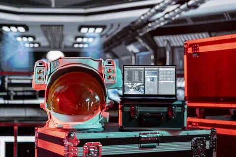 Red light in spacecraft over space helmet and laptop showing errors Stock Photos