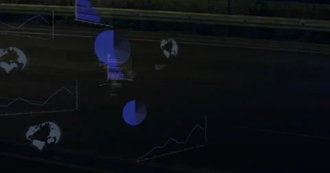 Red light streak passing spurring hologram charts rising over road, bars, pies Stock Footage 322220641