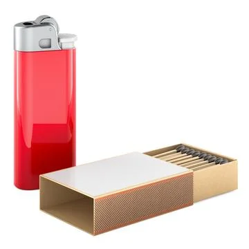 Red lighter and box of matches. 3D rendering Stock Illustration