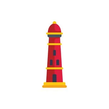 Red lighthouse guiding ships with bright light on coastline Ilustración de archivo
