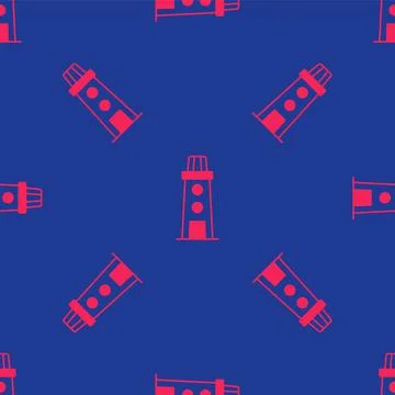 Red Lighthouse icon isolated seamless pattern on blue background. Vector Illustrazione stock
