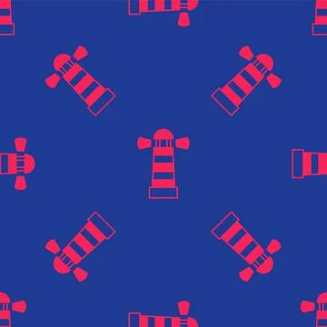 Red Lighthouse icon isolated seamless pattern on blue background.  Vector Stock Illustration
