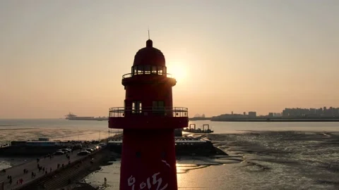 Red Lighthouse Sunset Oido Siheung Si Gyeonggi Do South Korea Vídeo Stock 159500149