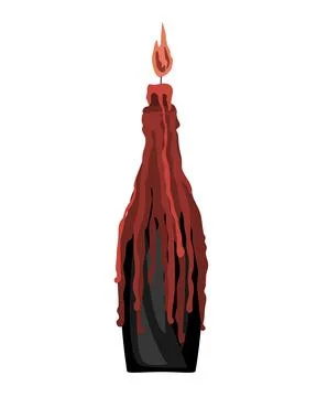Red lighting and melting candle in the wine bottle candleholder. Halloween .. Stock Illustration