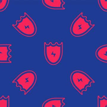 Red Lightning and shield icon isolated seamless pattern on blue background. High Illustrazione stock