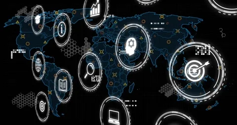 Red lightning sparking glowing data icons emerging over world map, pulsing, Stock Footage 331700962