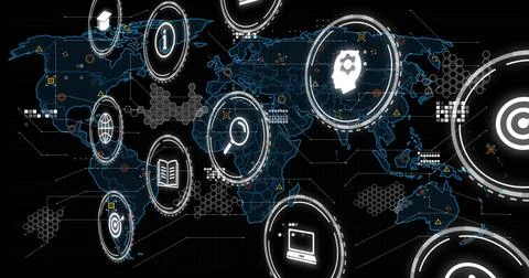 Red lightning sparking glowing data icons emerging over world map, pulsing, Fotos Stock