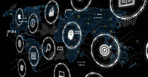 Red lightning sparking glowing data icons emerging over world map, pulsing, Stock Photos
