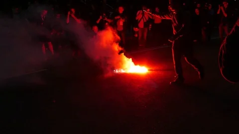 Red lights during protest with photographer around Stock Footage 92440927