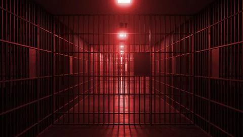 Red lights illuminating long jail corridor with metal bars Illustration