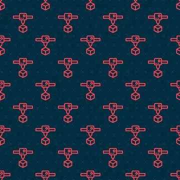 Red line 3D printer cube icon isolated seamless pattern on black background. 3d Illustrazione stock