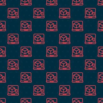 Red line 3D printer icon isolated seamless pattern on black background. 3d Stock Illustration