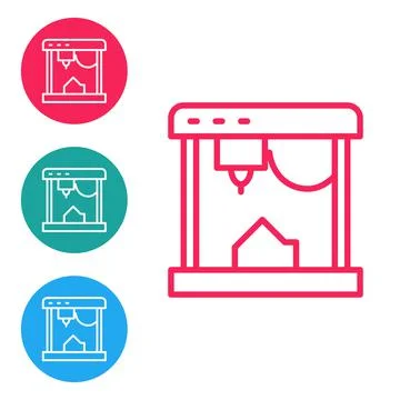 Red line 3D printer icon isolated on white background. Set icons in circle Stock Illustration