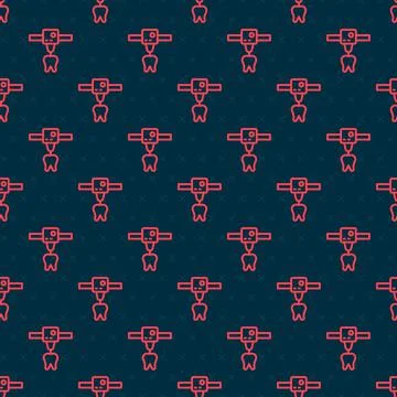 Red line 3D printer tooth icon isolated seamless pattern on black background. 3d Stock Illustration